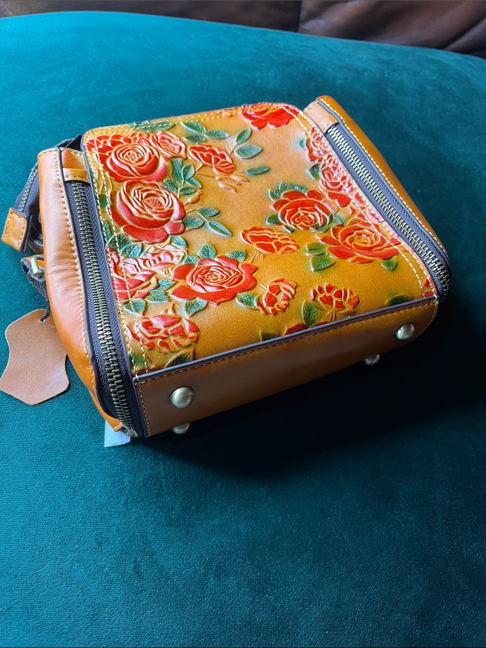 Orange Floral Embossed Leather Crossbody Bag - Women's Shoulder Bag - Picture 6 of 7